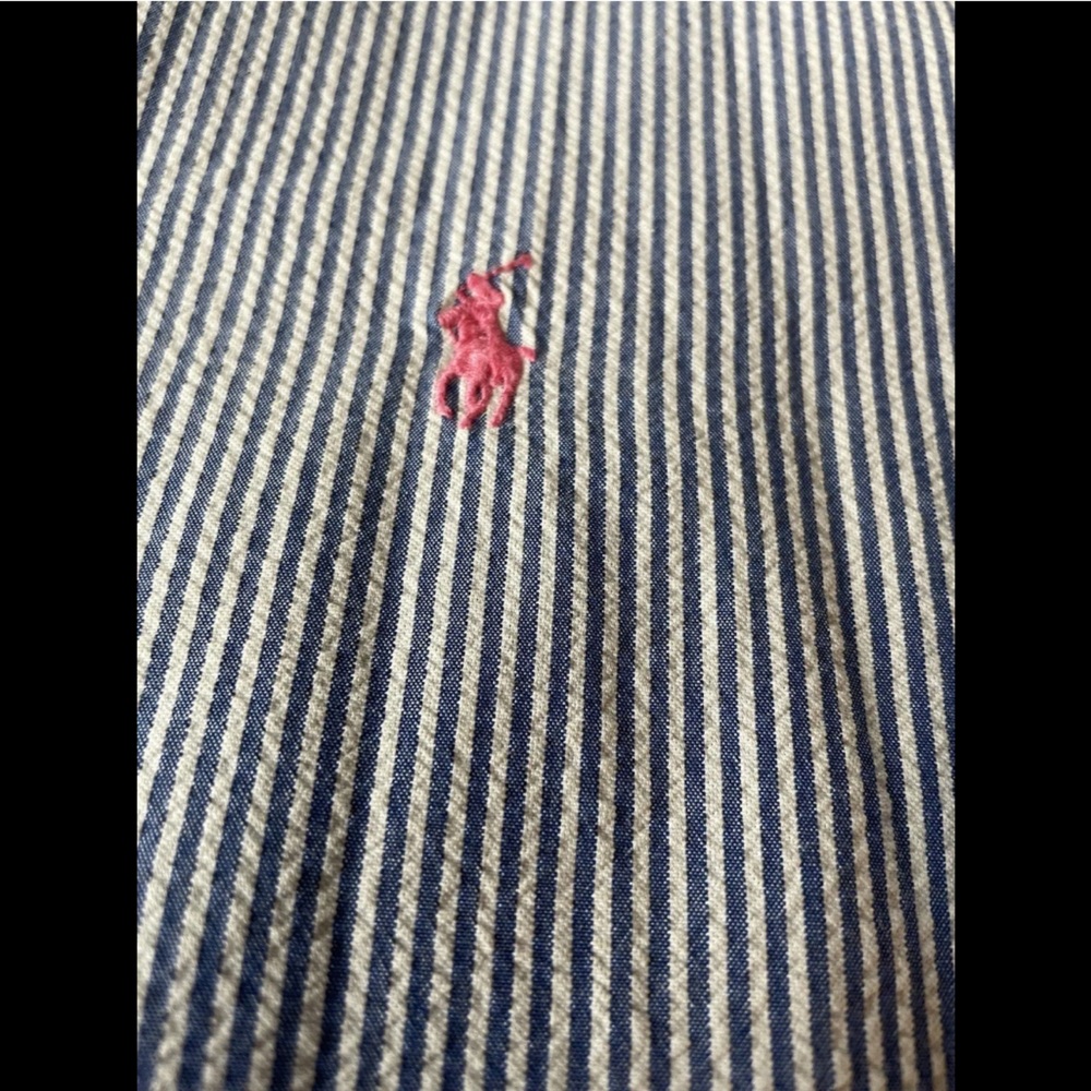 Men’s Ralph Lauren Button Down Shirt Blue Stripe Seersucker Short Sleeve Lg